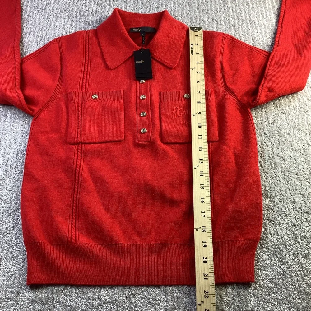 Maje Mizoly Red‎ Wool Blend Embroidered Polo Sweater Gold Buttons Size 1 NWT